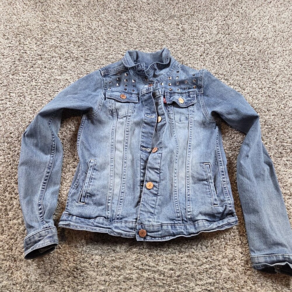 Levis Denim Jacket Girls XL Biker Trucker Collared Embellished Button Up